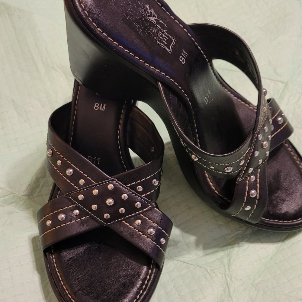 Milwaukee Motorcycle Women's Black Leather Wedge High Heel Shoes